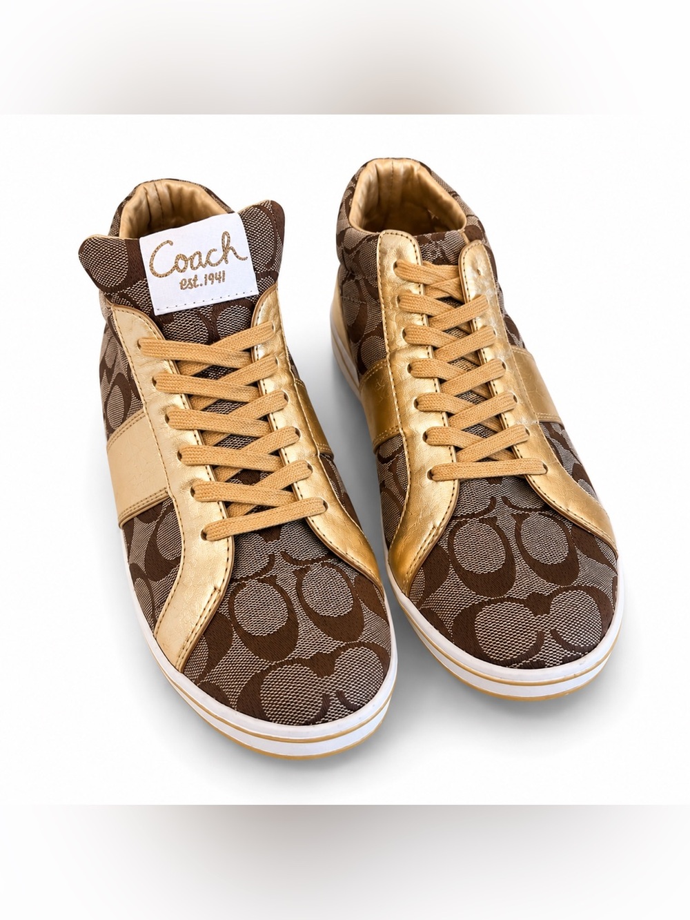 COACH Finch Signature Gold High Top Sneakers Monogram Shoes